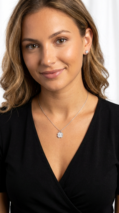 KARI Heart Shaped Four-Leaf Clover Pendant Necklace in Rhodium Over Sterling Silver