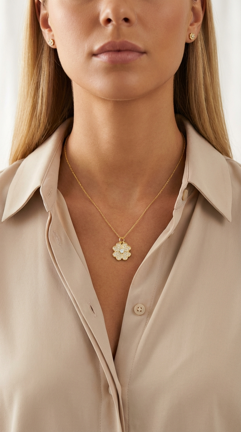 KARI Heart Shaped Four-Leaf Clover Pendant Necklace 14K Gold Over Sterling Silver