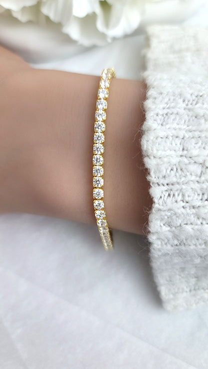 KATE 3MM White CZ Diamond Simulant Tennis Bracelet 18K Gold Over Sterling Silver