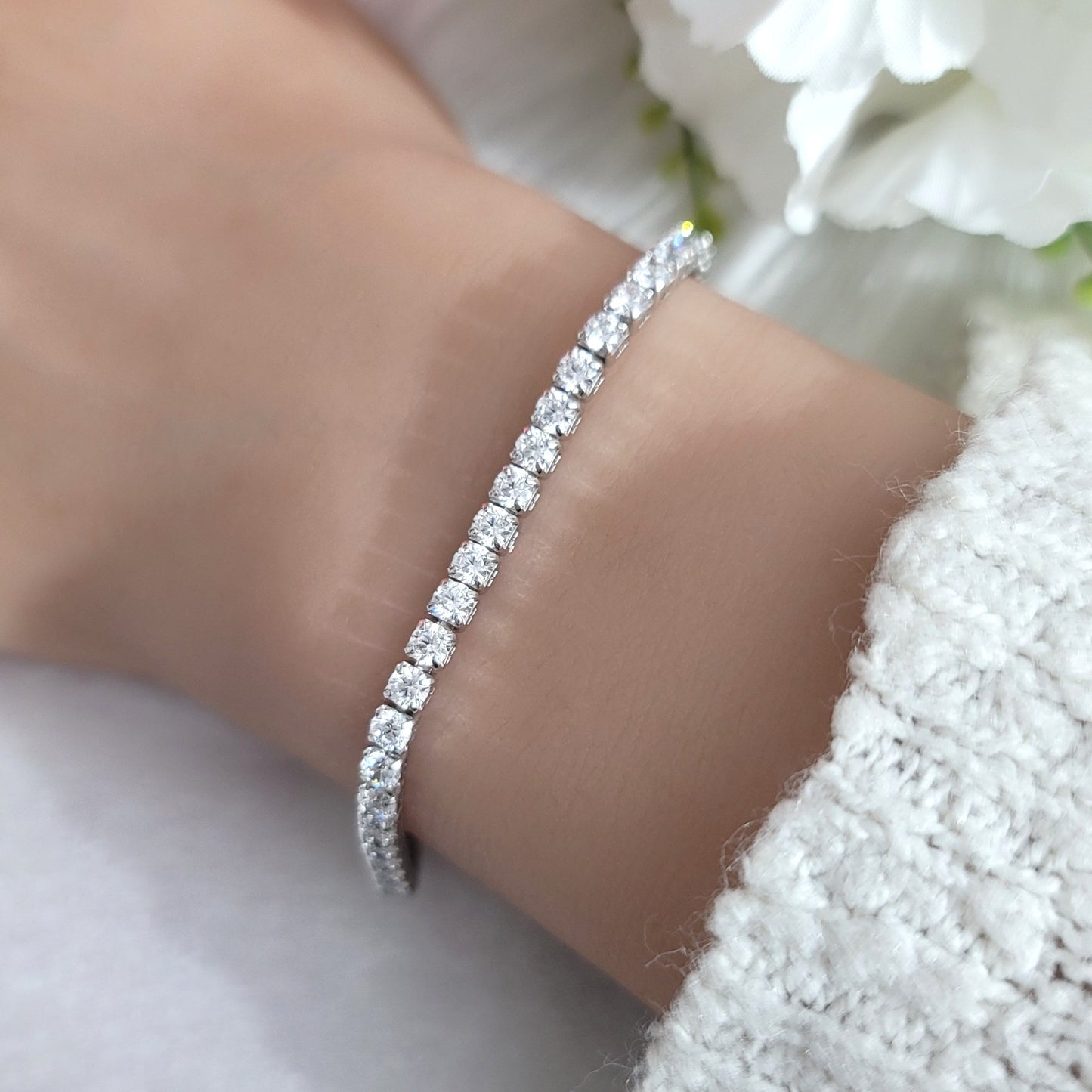 KATE 3MM White CZ Diamond Simulant Tennis Bracelet in Rhodium Over Sterling Silver