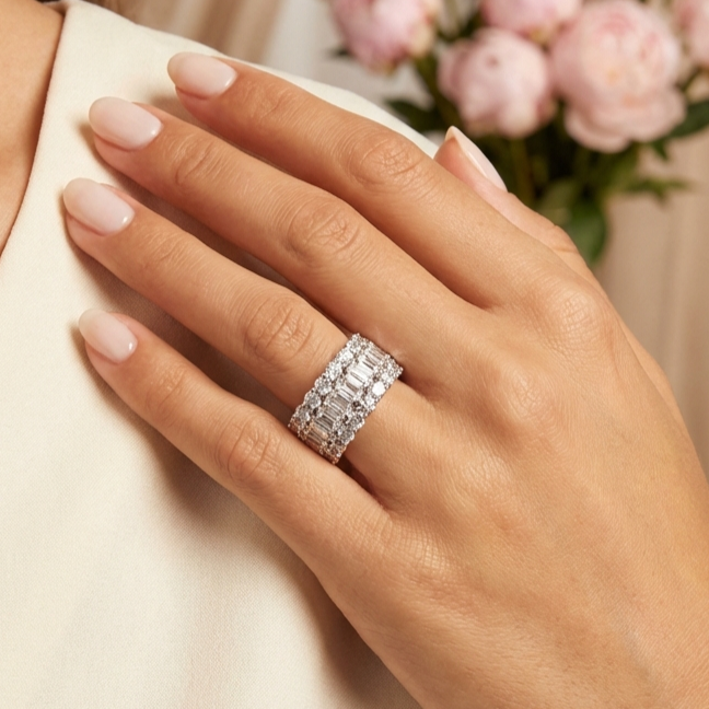 KATHERINE White CZ Diamond Three-Row Eternity Ring in Rhodium Over Sterling Silver