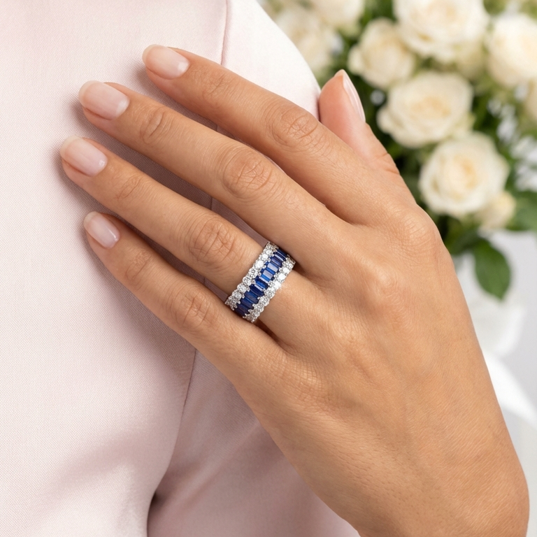 KATHERINE Blue And White CZ Diamond Three-Row Eternity Ring in Rhodium Over Sterling Silver