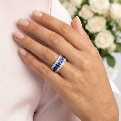 KATHERINE Blue And White CZ Diamond Three-Row Eternity Ring in Rhodium Over Sterling Silver