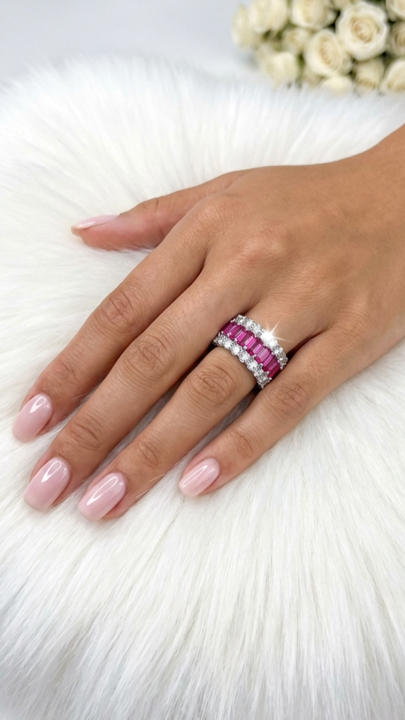 KATHERINE Fuchsia And White CZ Diamond Three-Row Eternity Ring in Rhodium Over Sterling Silver