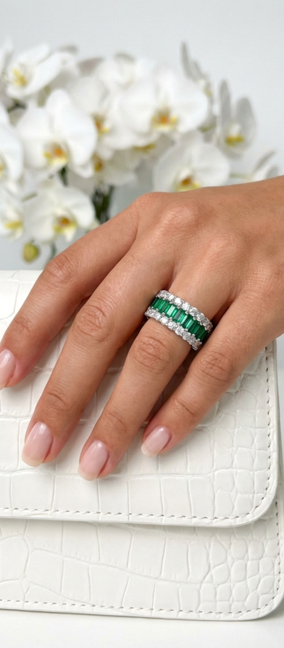 KATHERINE Green And White CZ Diamond Three-Row Eternity Ring in Rhodium Over Sterling Silver