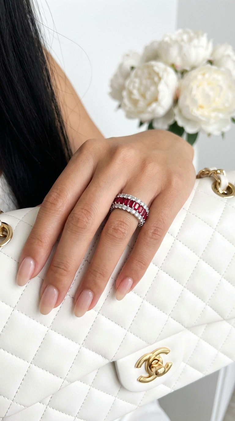 KATHERINE Red And White CZ Diamond Three-Row Eternity Ring in Rhodium Over Sterling Silver