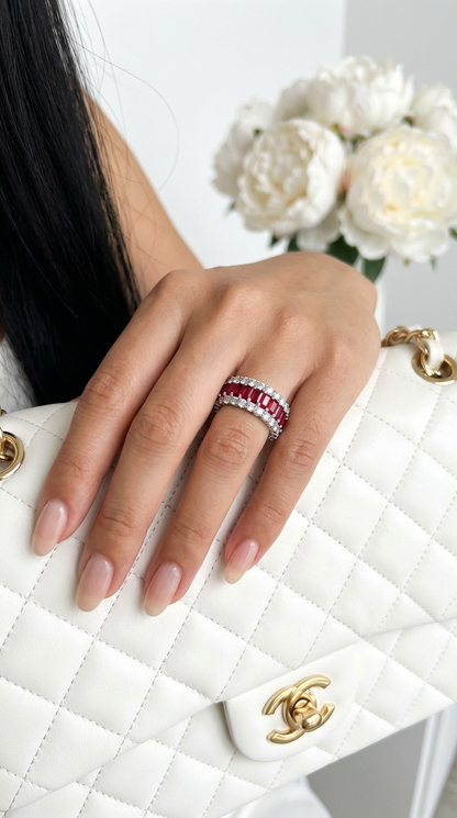 KATHERINE Red And White CZ Diamond Three-Row Eternity Ring in Rhodium Over Sterling Silver