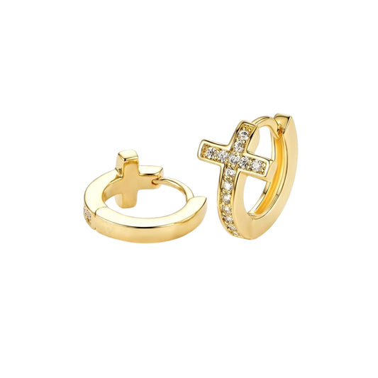 LARA White CZ Diamond Mini Cross Hoop Earrings 18K Gold Over Sterling Silver
