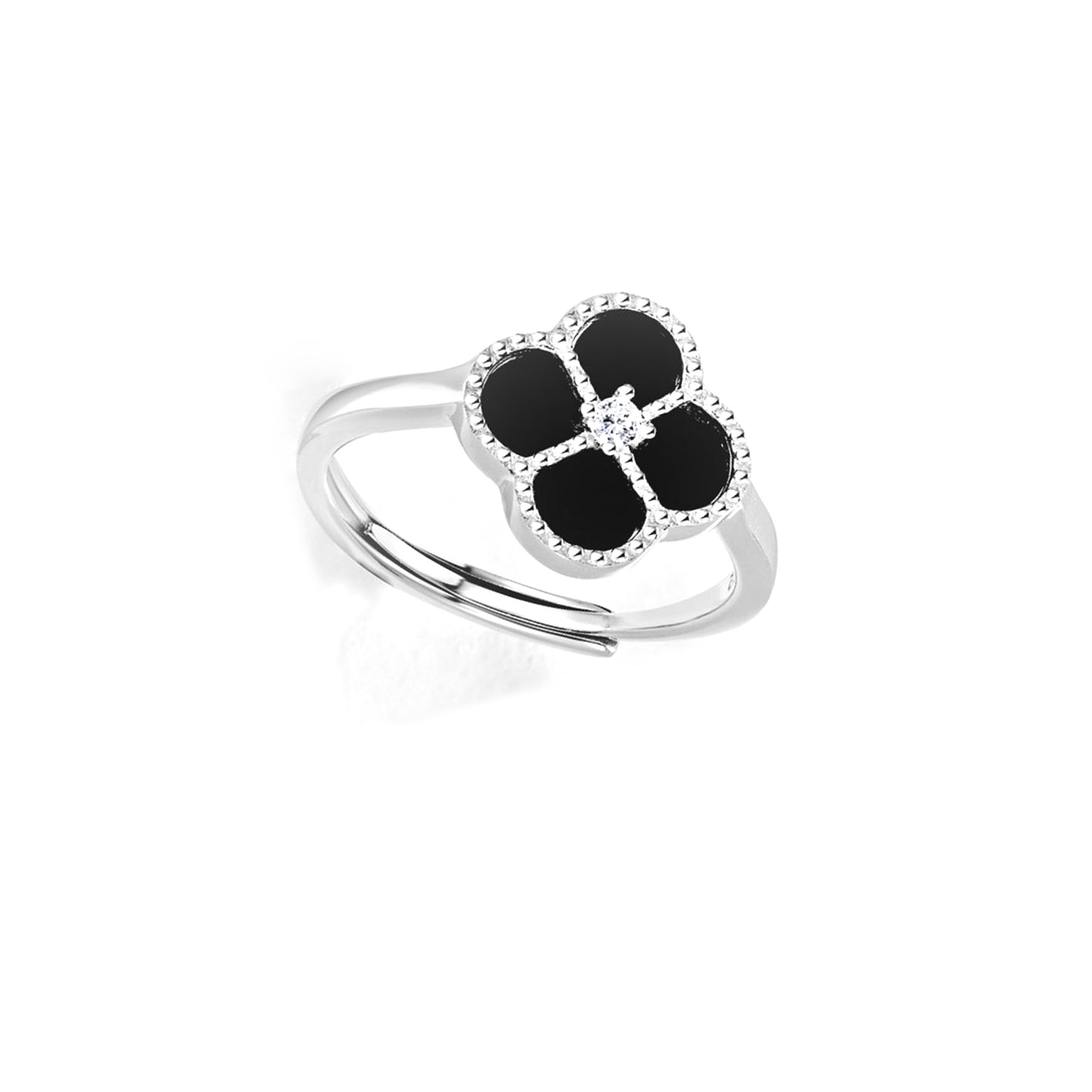 LEAH Black Onyx Four Leaf Clover Adjustable Ring