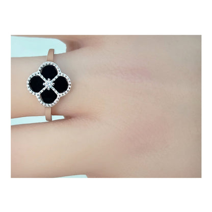 LEAH Black Onyx Four Leaf Clover Adjustable Ring