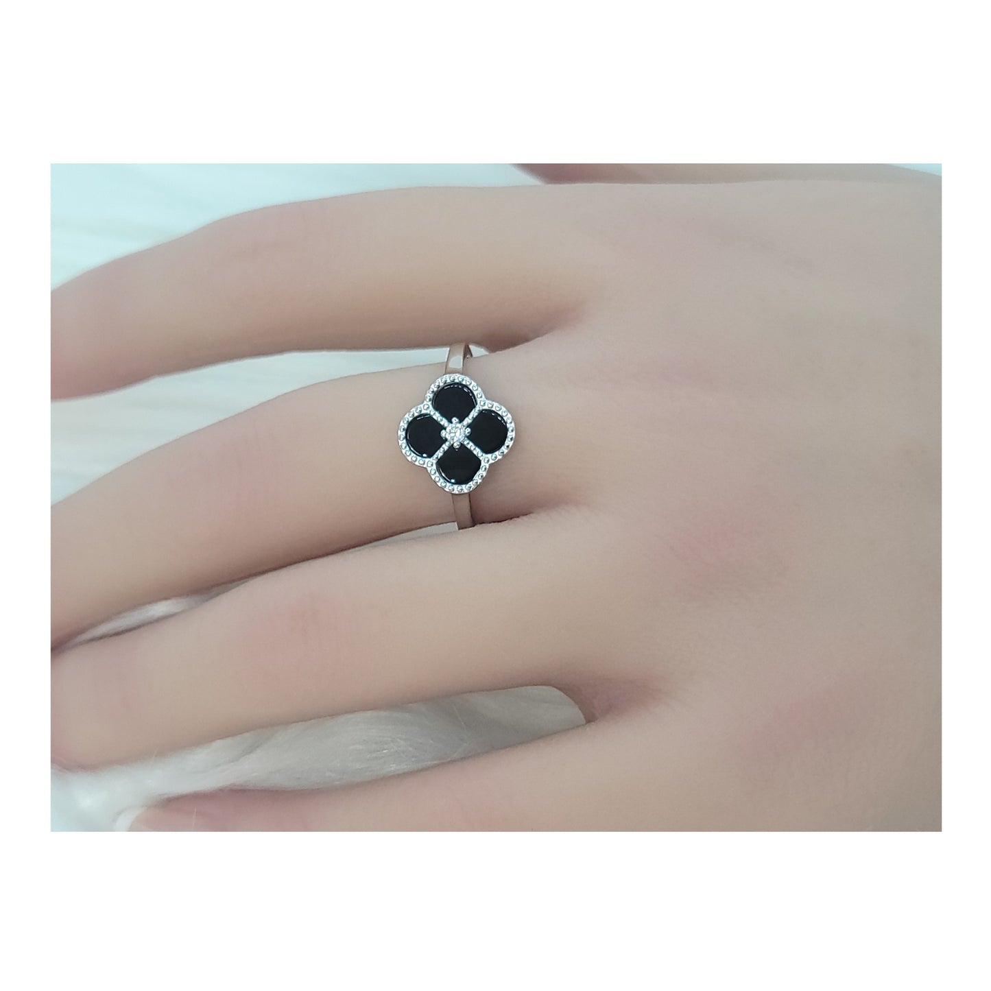 LEAH Black Onyx Four Leaf Clover Adjustable Ring