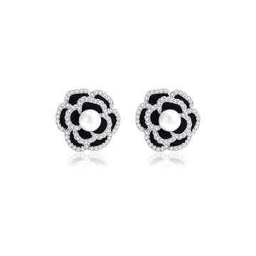 LILIAN White Pearl & Black Crystal Flower Stud Earrings