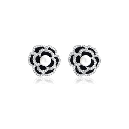 LILIAN Pearl Crystal Flower Earrings in Rhodium Over Sterling Silver