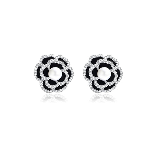 LILIAN Pearl Crystal Flower Earrings in Rhodium Over Sterling Silver