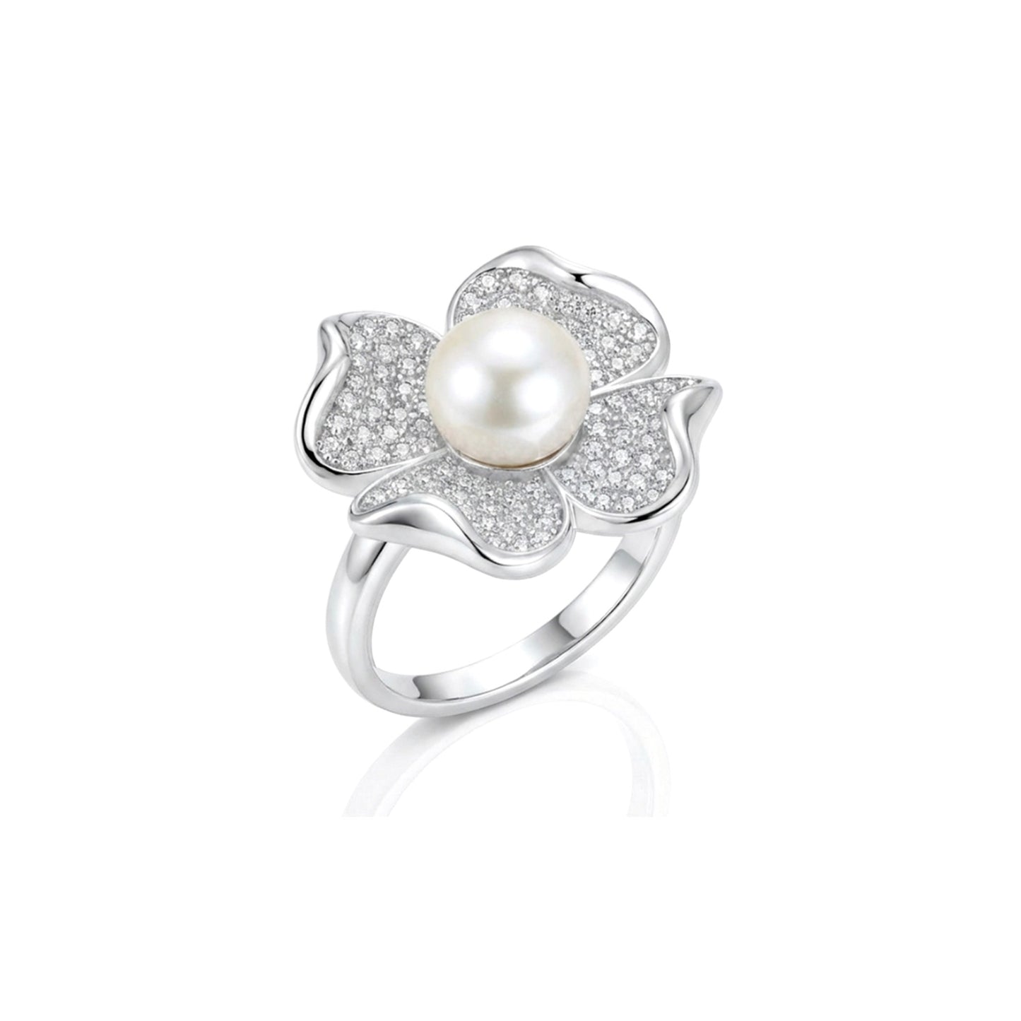 LILY Pearl And White CZ Diamond Flower Ring in Rhodium Over Sterling Silver