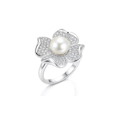LILY Pearl And White CZ Diamond Flower Ring in Rhodium Over Sterling Silver