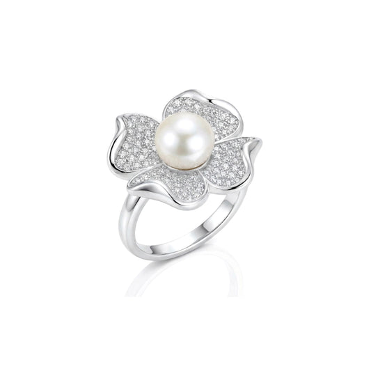 LILY Pearl And White CZ Diamond Flower Ring in Rhodium Over Sterling Silver