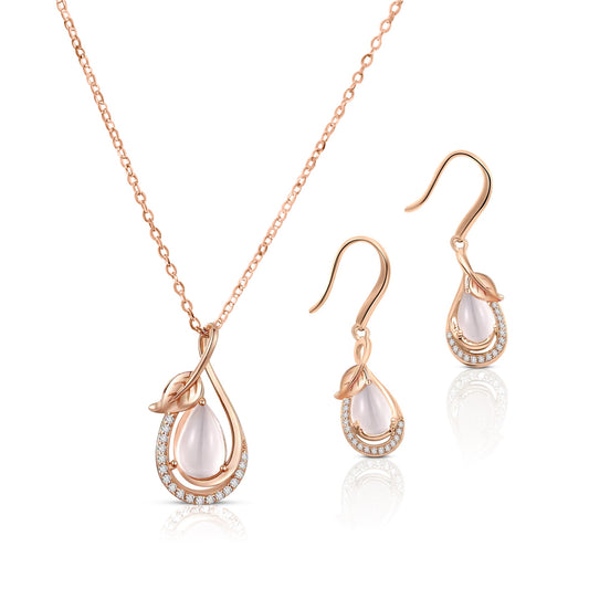 LOUISE 2-Piece Jewelry Set, Rose Quartz Earrings & Necklace 18K Rose Gold Plated