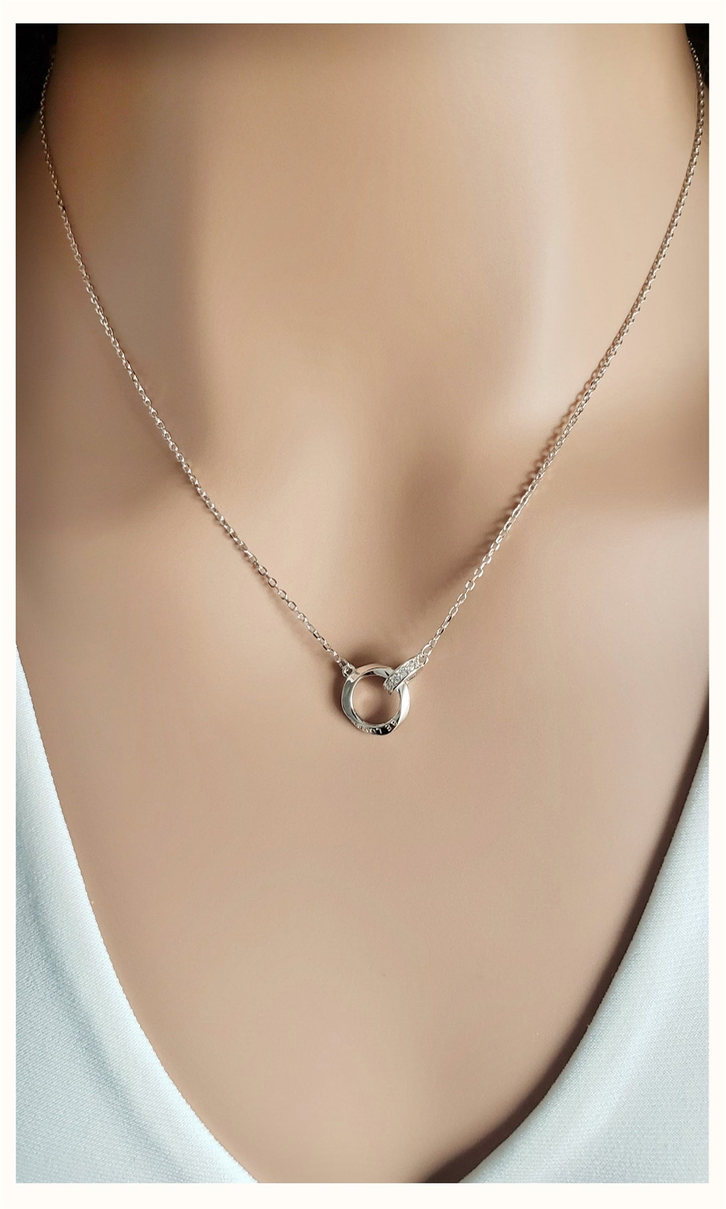 LOVELY Engraved Interlocking Circles Necklace in Rhodium Over Sterling Silver
