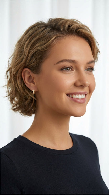 LARA White CZ Diamond Mini Cross Hoop Earrings 18K Gold Over Sterling Silver