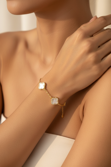 LAURA Four-Leaf Clover CZ & Mother-of-Pearl Bracelet in 18K GP