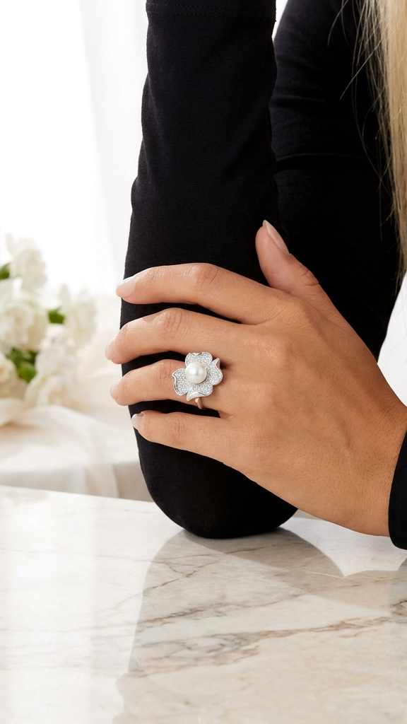 LILY Pearl And White CZ Diamond Flower Ring in Rhodium Over Sterling Silver