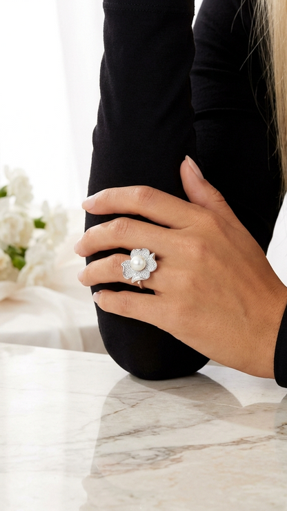 LILY Pearl And White CZ Diamond Flower Ring in Rhodium Over Sterling Silver