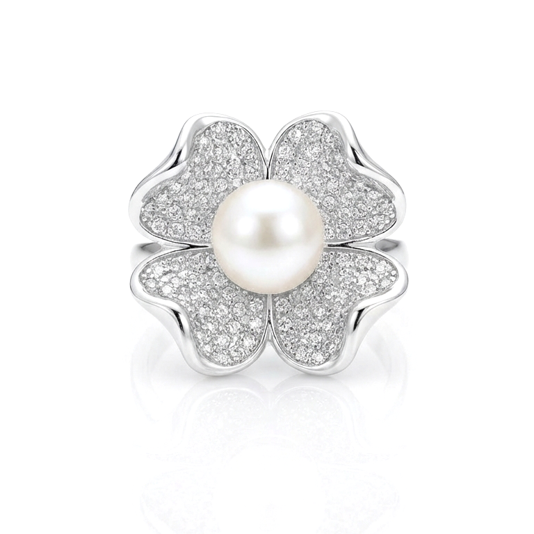 LILY Pearl And White CZ Diamond Flower Ring in Rhodium Over Sterling Silver