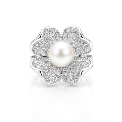 LILY Pearl And White CZ Diamond Flower Ring in Rhodium Over Sterling Silver