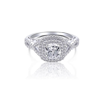 MAGGIE White CZ Diamond Simulant Double Halo Ring in Rhodium Over Sterling Silver