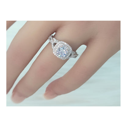 MAGGIE White CZ Diamond Simulant Double Halo Ring in Rhodium Over Sterling Silver