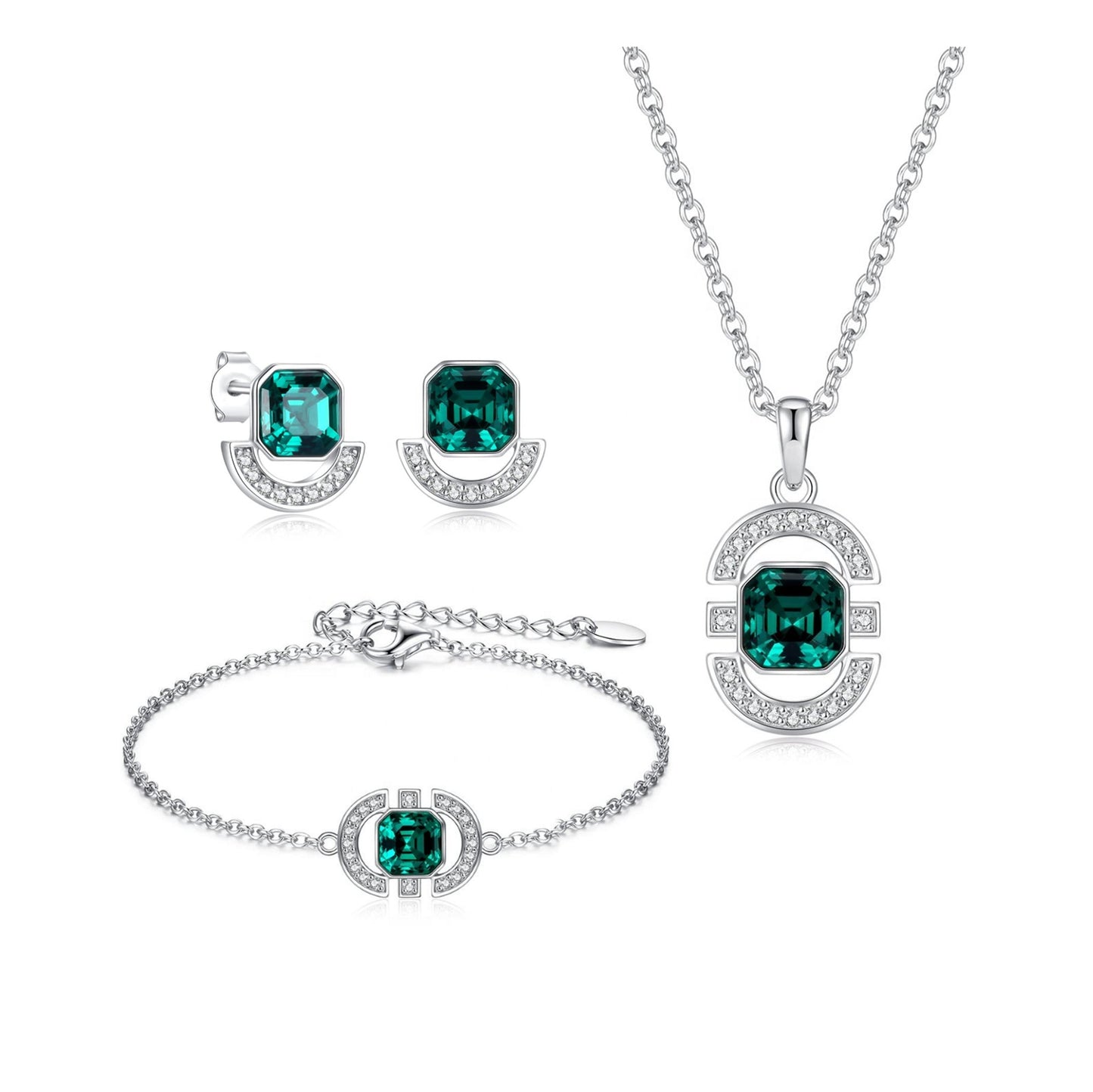 MELODY Emerald Green Crystal Bracelet, Earrings, Necklace Set in Rhodium Over Sterling Silver