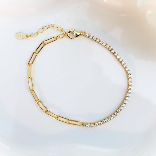 SHANNON 3MM White CZ Diamond Simulant Tennis Paperclip Bracelet 18K Gold Over Sterling Silver