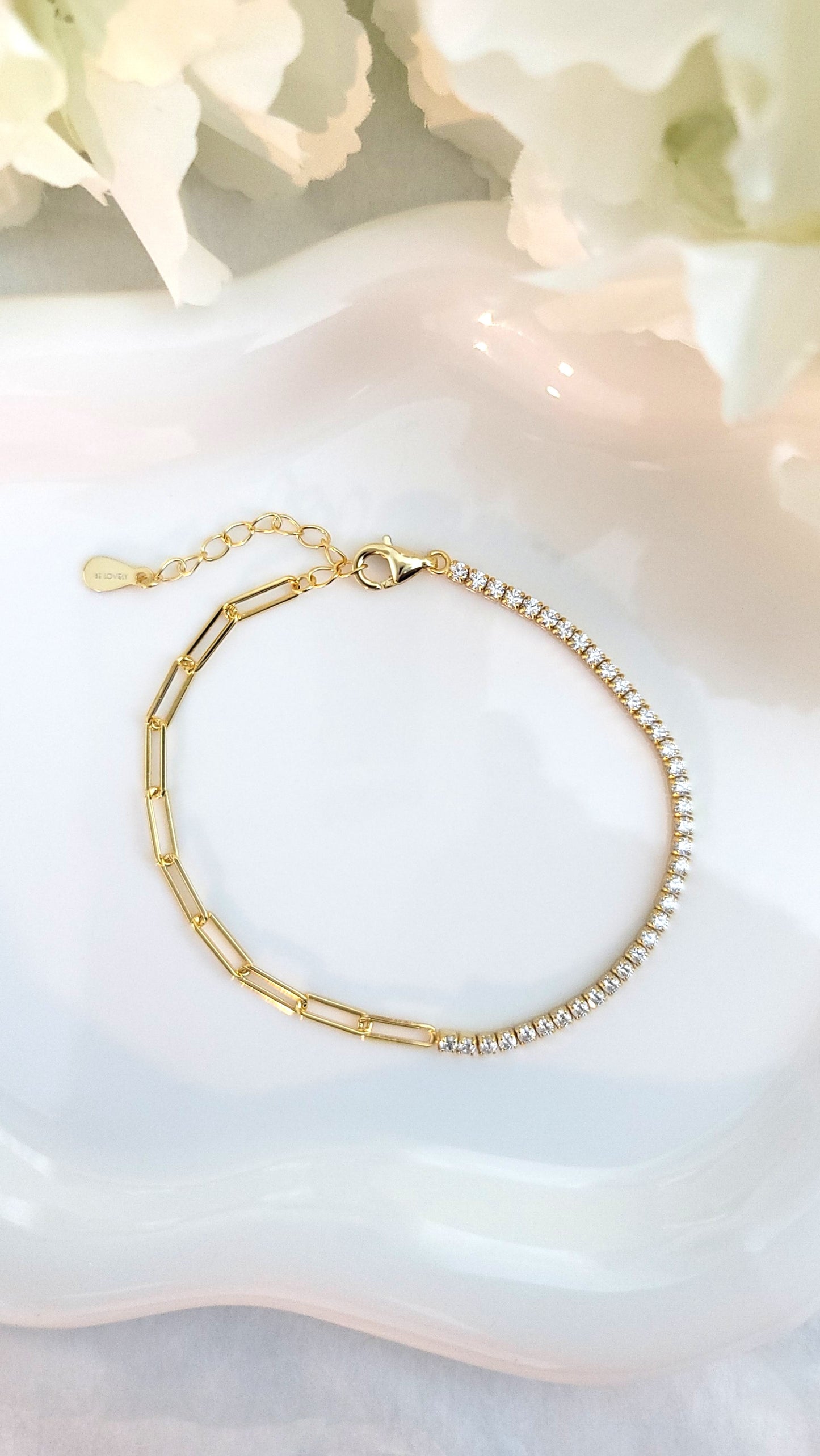 SHANNON 3MM White CZ Diamond Simulant Tennis Paperclip Bracelet 18K Gold Over Sterling Silver