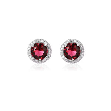 MYLENE Large 8.5MM Red Ruby Halo CZ Diamond Stud Earrings