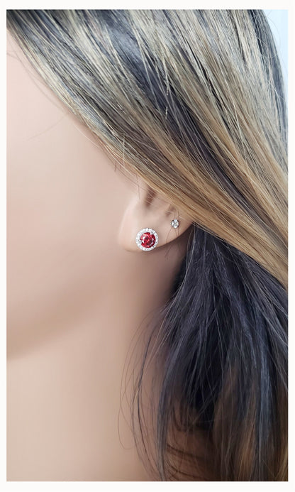 MYRLENE Round Halo Ruby Red Zirconia Studs