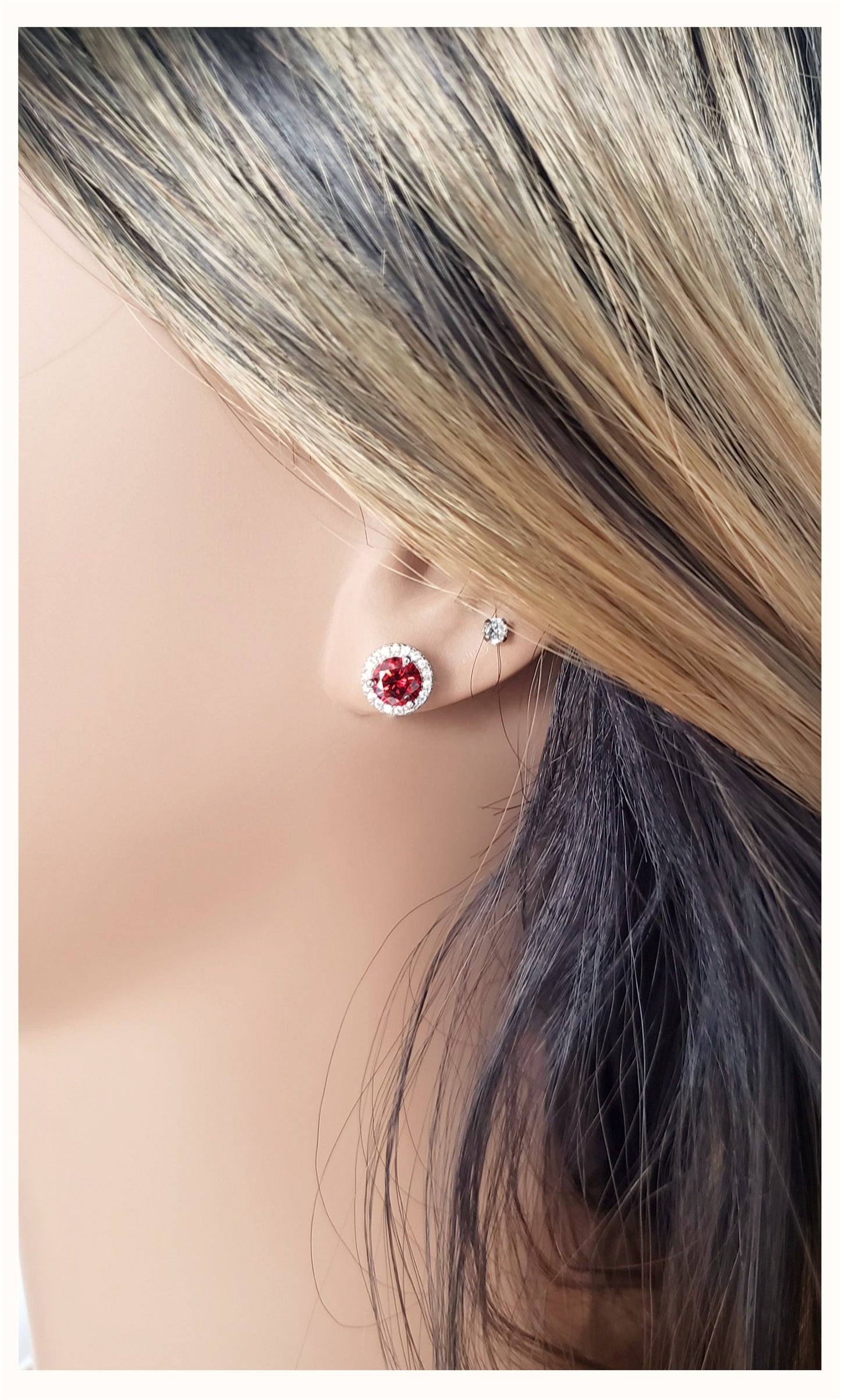 MYRLENE Round Halo Ruby Red Zirconia Studs