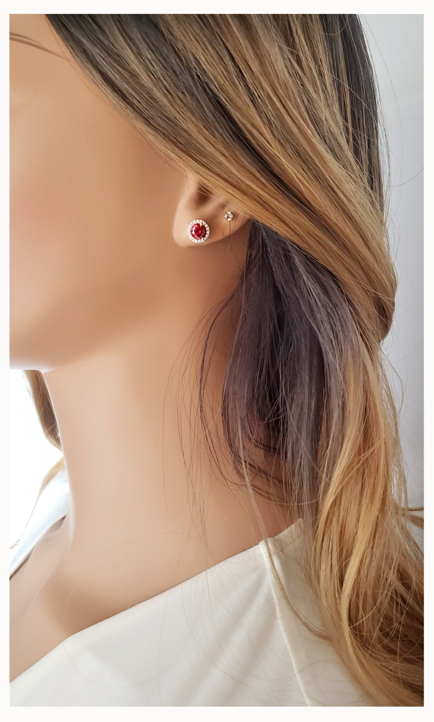 MYRLENE Round Halo Ruby Red Zirconia Studs