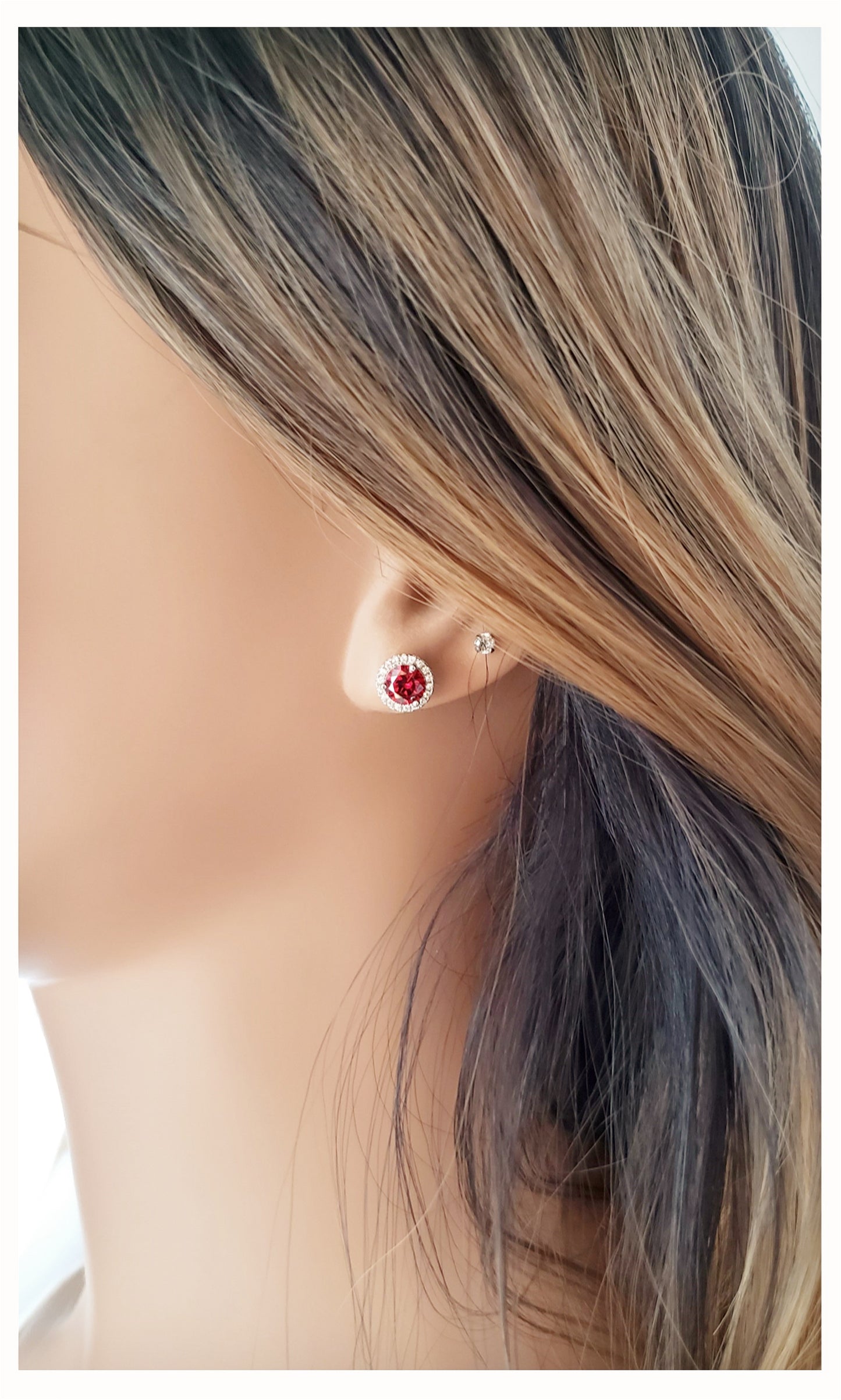 MYRLENE Round Halo Ruby Red Zirconia Studs