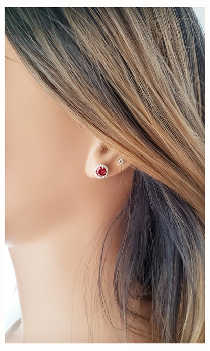 MYRLENE Round Halo Ruby Red Zirconia Studs