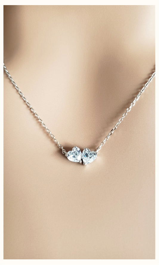MỸ TUYEN  Double Heart White CZ Diamond Simulant Pendant Necklace in Rhodium Over Sterling Silver