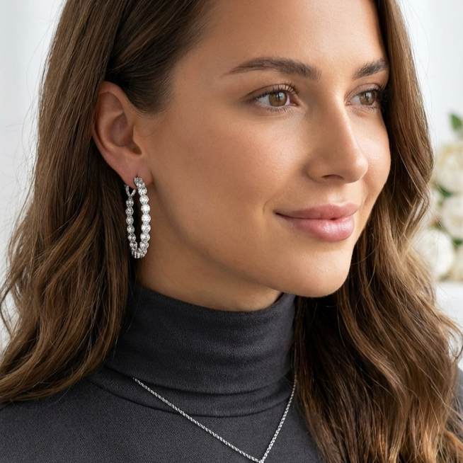 MAËVA 40MM White CZ Diamond Hoop Earrings in Rhodium Over Sterling Silver