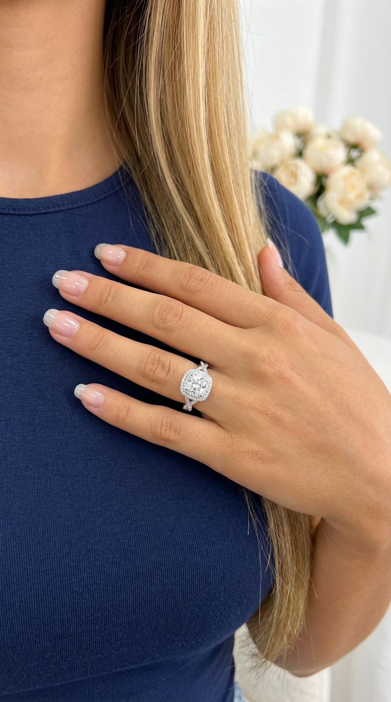 MAGGIE CZ Diamond Double Halo Engagement Ring – Bridal, Wedding, Anniversary & Valentine's Day Gift for Her – Rhodium Over Sterling Silver, Royal Glamorous Sparkle