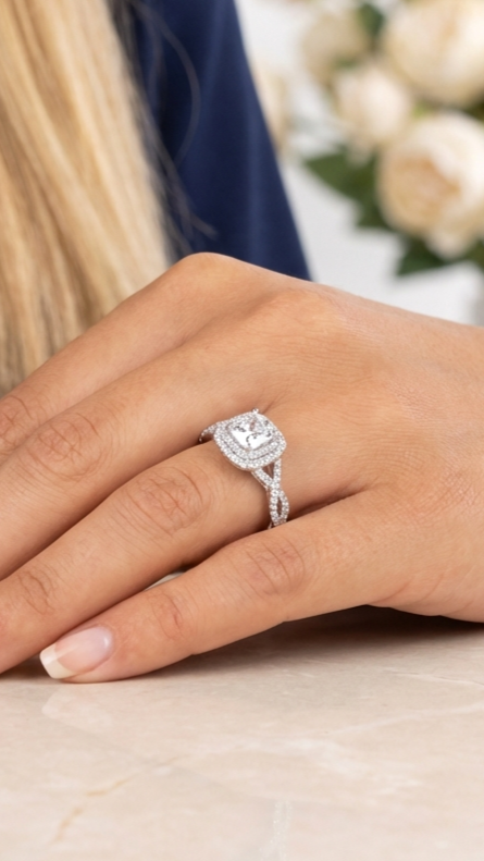 MAGGIE CZ Diamond Double Halo Engagement Ring – Bridal, Wedding, Anniversary & Valentine's Day Gift for Her – Rhodium Over Sterling Silver, Royal Glamorous Sparkle