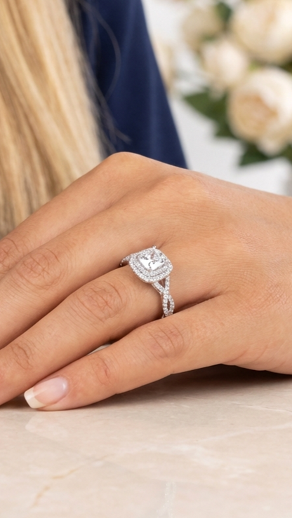 MAGGIE CZ Diamond Double Halo Engagement Ring – Bridal, Wedding, Anniversary & Valentine's Day Gift for Her – Rhodium Over Sterling Silver, Royal Glamorous Sparkle