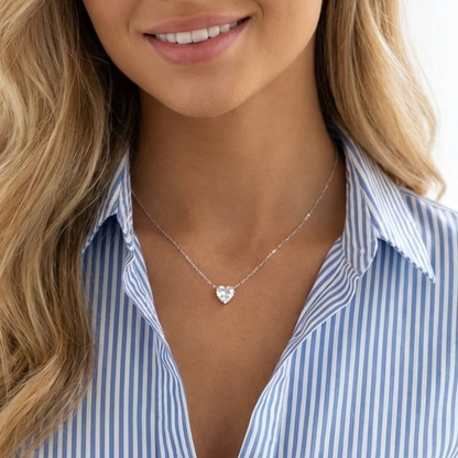 MARIE Heart Solitaire White CZ Diamond Pendant Necklace in Rhodium Over Sterling Silver