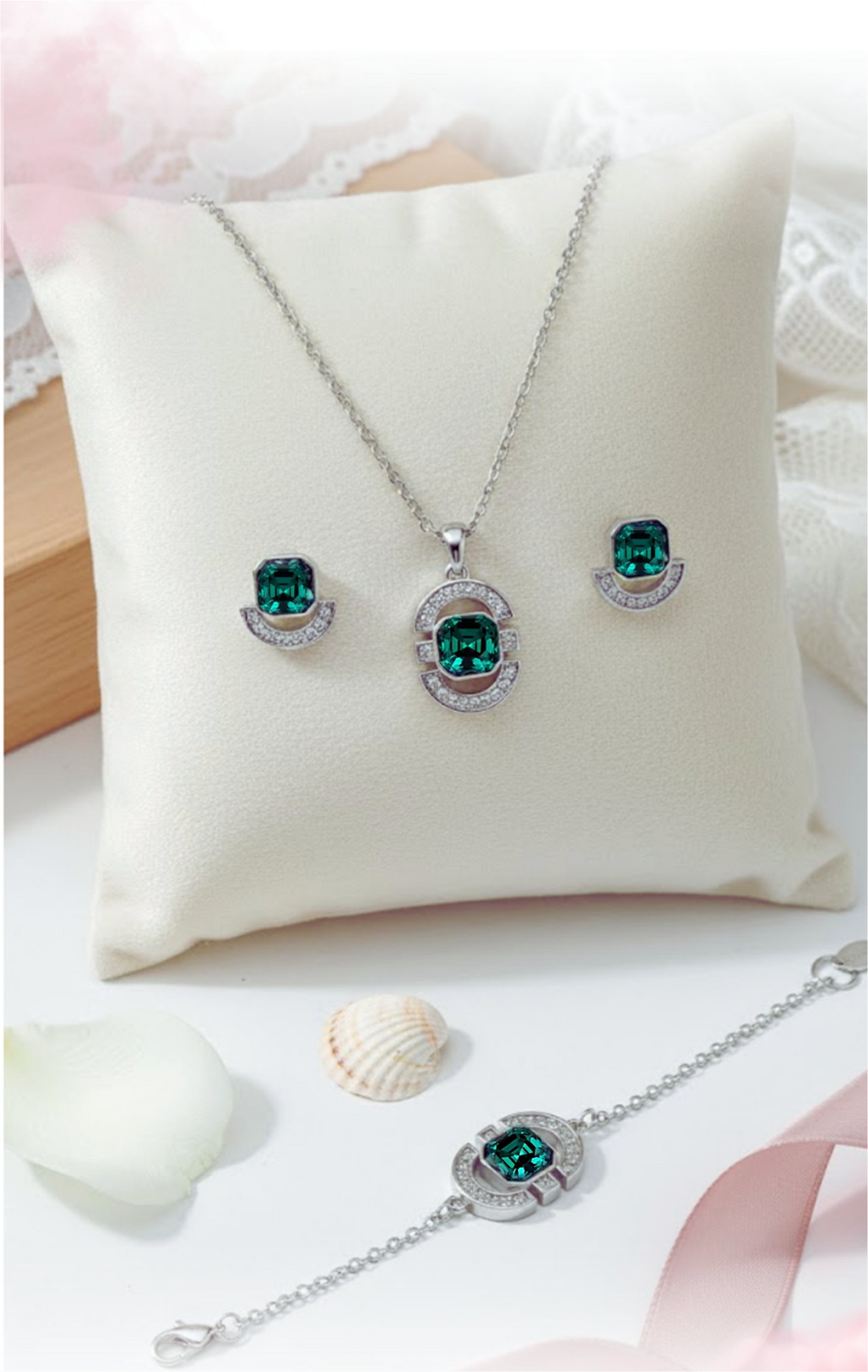 MELODY Emerald Green Crystal Bracelet, Earrings, Necklace Set in Rhodium Over Sterling Silver