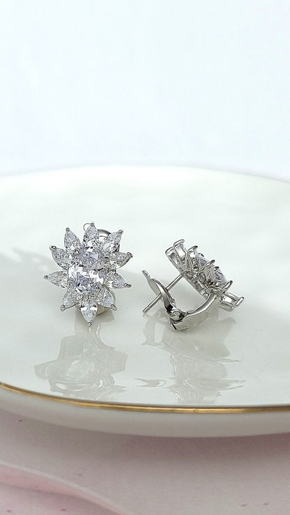 MILANIA Flower Cluster White CZ Diamond Earrings in Rhodium Over Sterling Silver