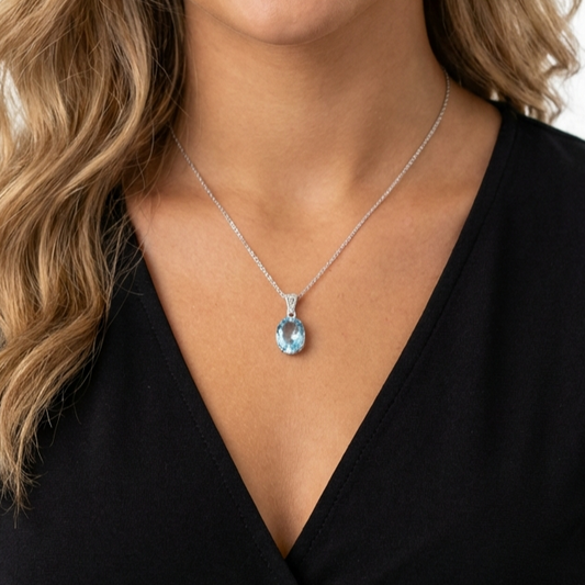 MOLLY Aquamarine Pendant Necklace in Rhodium Over Sterling Silver