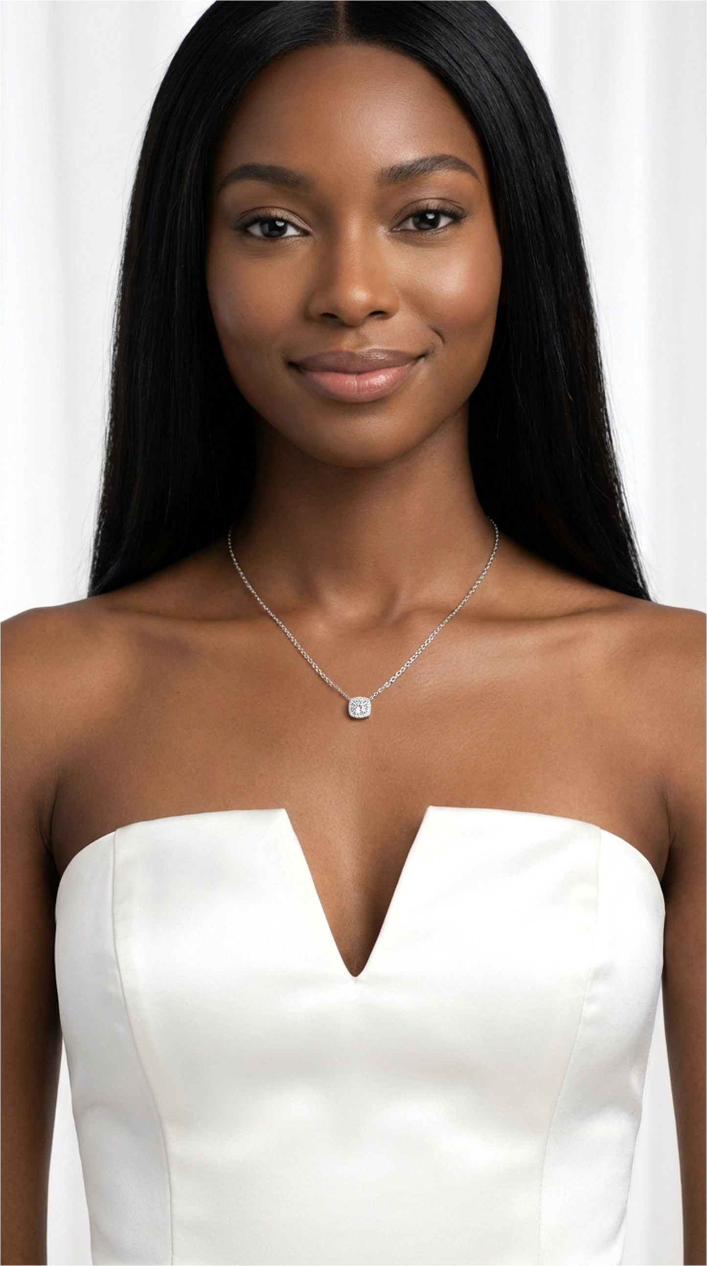 MONIQUE Square Solitaire White CZ Diamond Necklace in Rhodium Over Sterling Silver